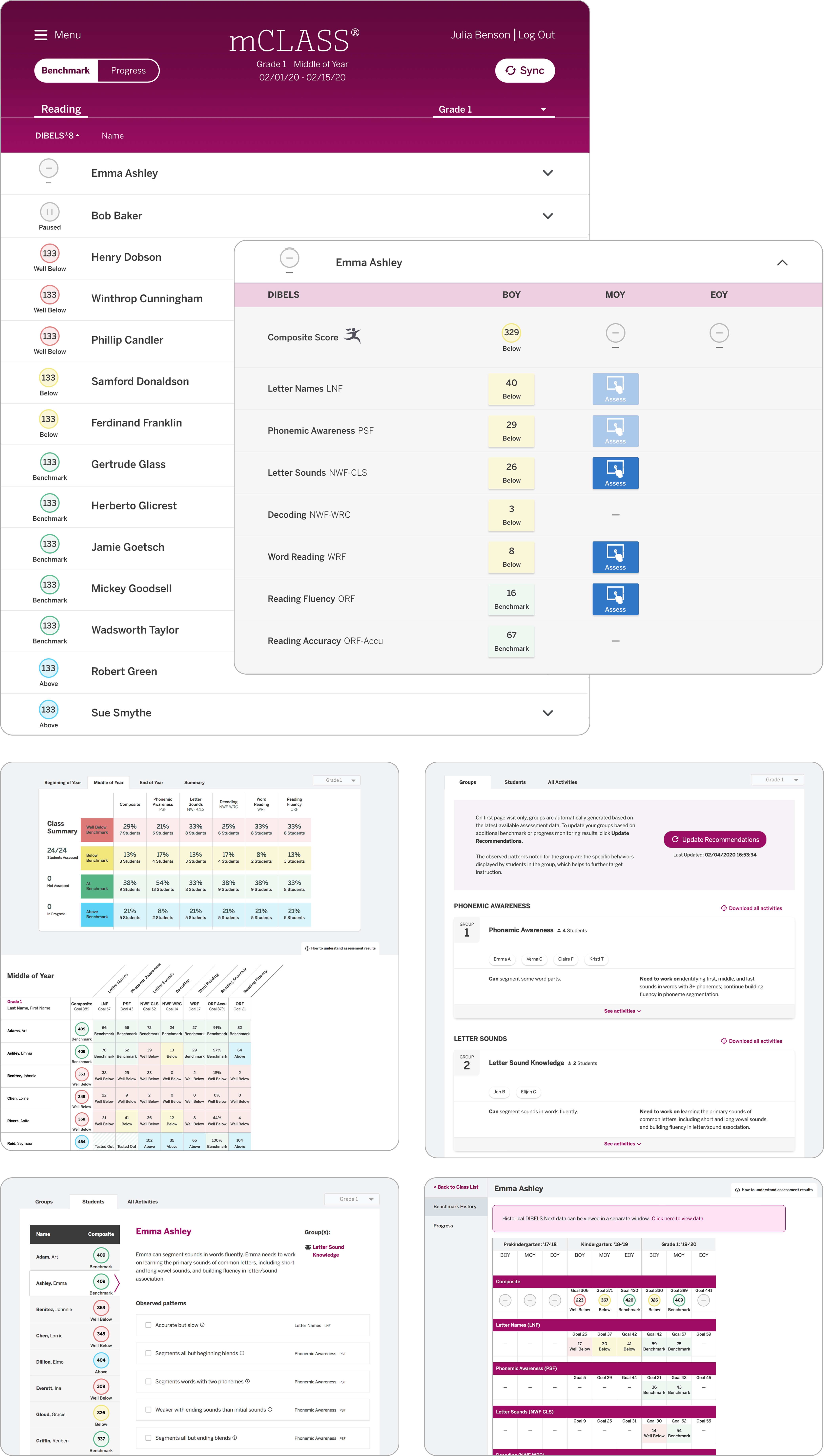 mCLASS DIBELS 8th Edition product montage: reporting dashboards and wide data tables; report library with navigation and color-coded status rows; and teacher-facing assessment screens with timers and instructional prompts.