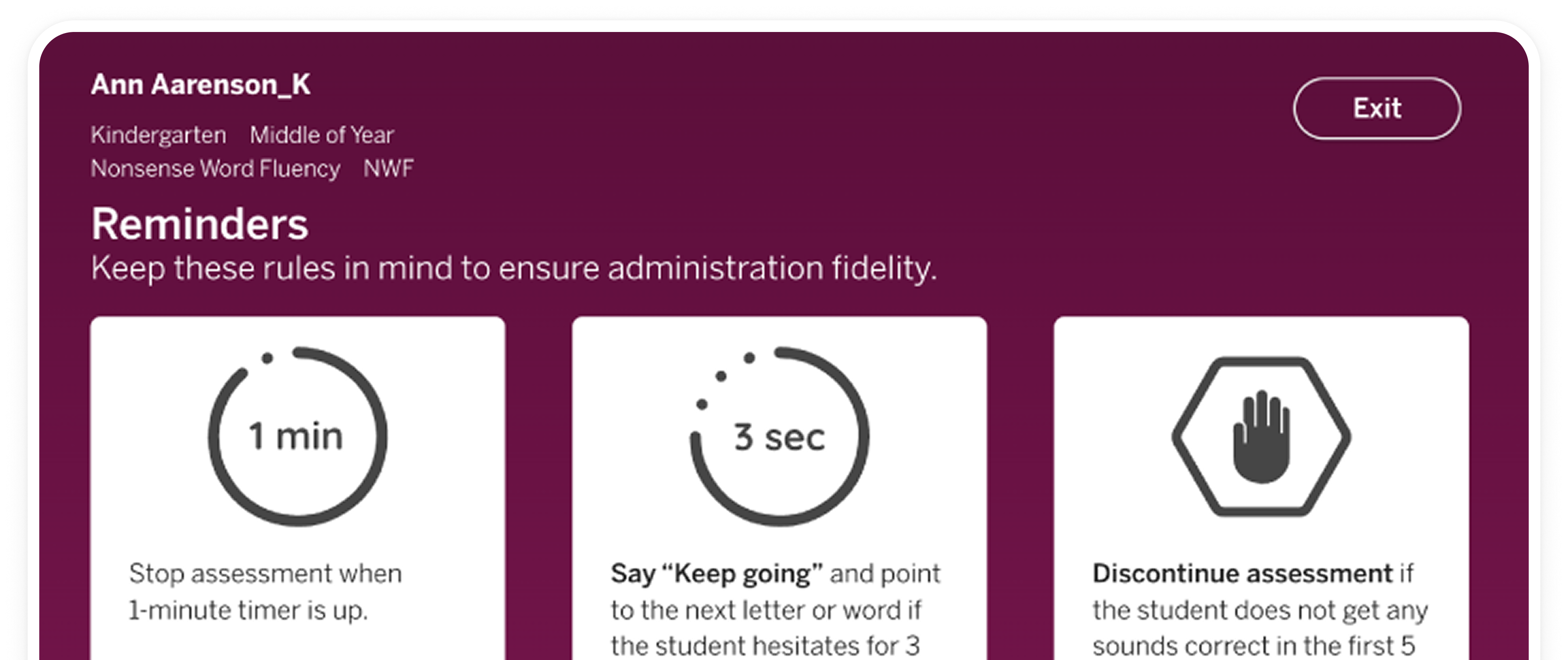 mCLASS assessment interface: reminders view with timers and instructional prompts